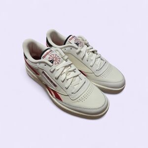 Reebok Mens Classic Off-White Leather Sneakers with Red Accents